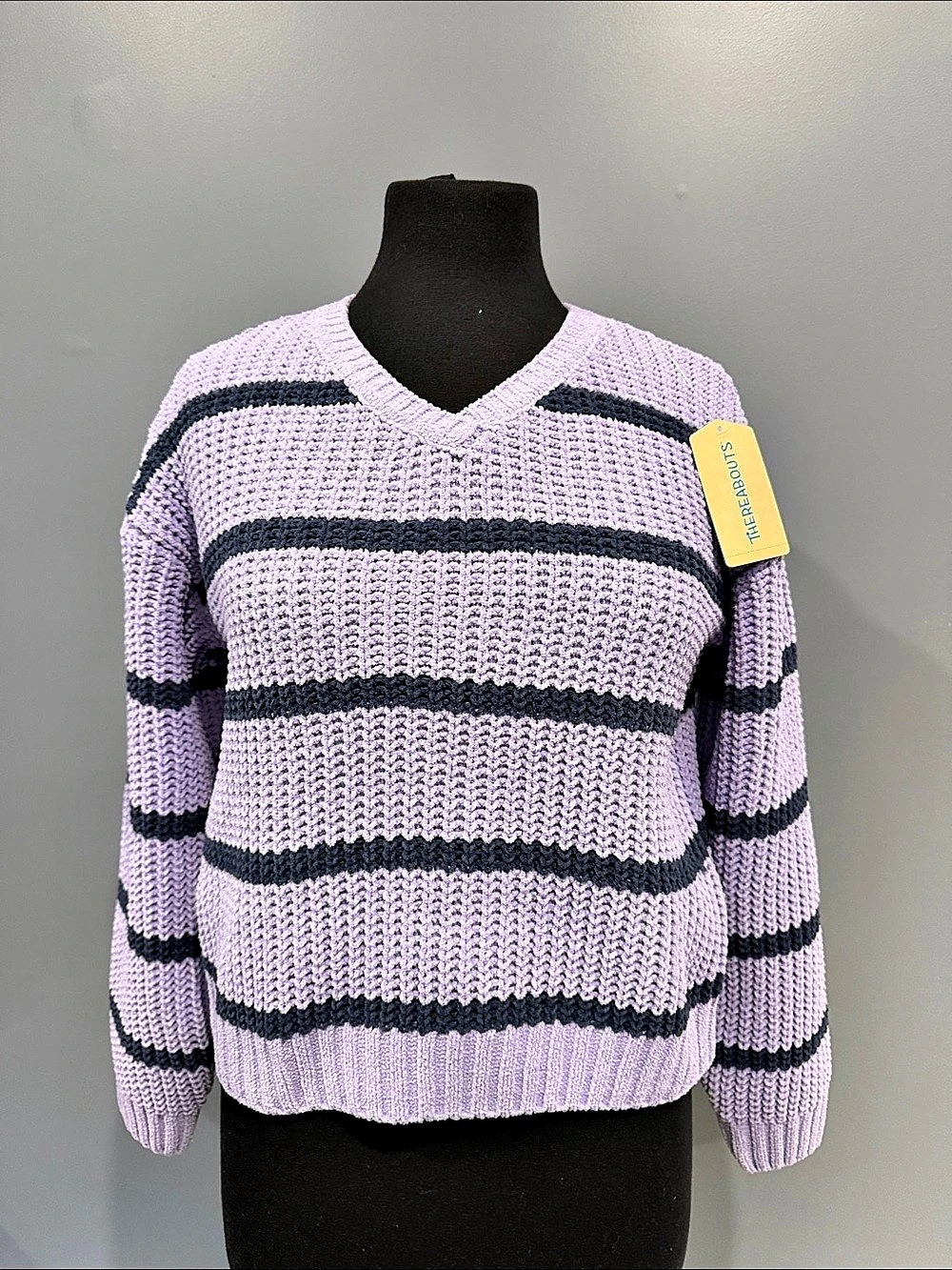 Thereabouts Striped V-Neck Sweater in Purple & Black Size Medium NWT